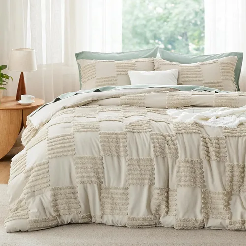 Miniatura 20 de Bedsure Juego de Edredón Tamaño Queen Beige, Juego de Cama Boho con Mechones, Ropa de Cama a Cuadros Estilo Granja Shabby Chic, 3 Piezas, 1 Edredón