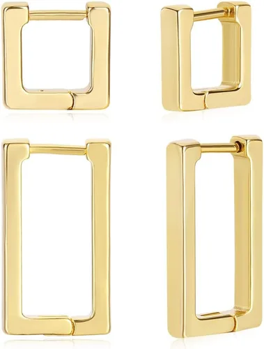 2 pares de aretes de aro minimalistas chapados en oro de 14 quilates, pequeños y delicados aretes geométricos cuadrados y rectangulares para niñas y