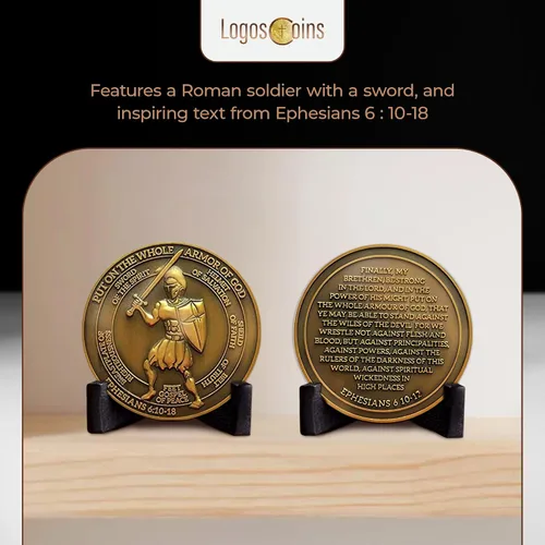 Miniatura 5 de 1 moneda de desafío de armadura de Dios, versículo bíblico de Efesios 6:10, moneda de desafío cristiano chapada en oro antiguo de 1.75 pulgadas