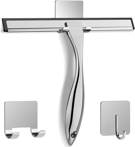 Miniatura 8 de Escobilla de ducha multiusos de acero inoxidable para puertas de ducha con 2 ganchos adhesivos, herramienta de limpieza de baño, escobilla de espejo