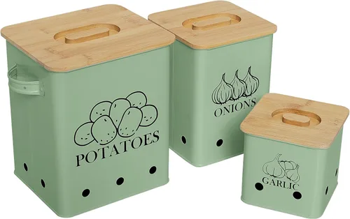 Miniatura 16 de Juego de 2 latas de almacenamiento de verduras de cocina, cebolla y papas con tapa de madera y agujeros de aireación, organizador de contenedor