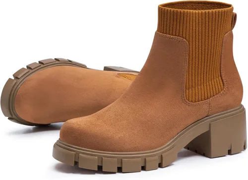 Miniatura 10 de FITORY Botas Chelsea para mujer, botines de tobillo elásticos con tacón medio grueso y suela con tacos, zapatos cómodos y modernos sin cordones