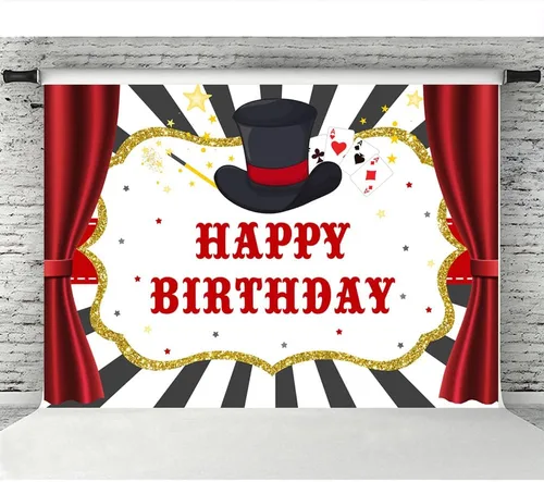 Miniatura 5 de Lofaris Telón de fondo de 7 x 5 pies con espectáculo mágico de feliz cumpleaños para niños y niñas, cortinas rojas de mago, decoración de baby