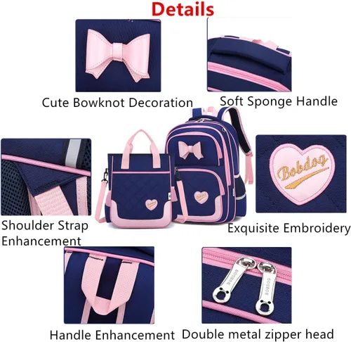 Miniatura 30 de Juego de 2 mochilas escolares con lazos para niñas y estudiantes, diseño de princesa para escuela primaria, 2pcs Negro-s, 2Pcs BagSet S