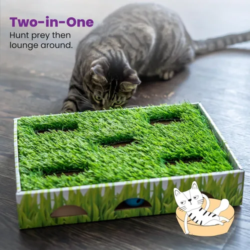 Miniatura 6 de Catstages Caja de Caza con Parche de Hierba - Juguete Interactivo para Gatos de Interior con Césped Sintético y 3 Bolas de Cascabel - Fomenta