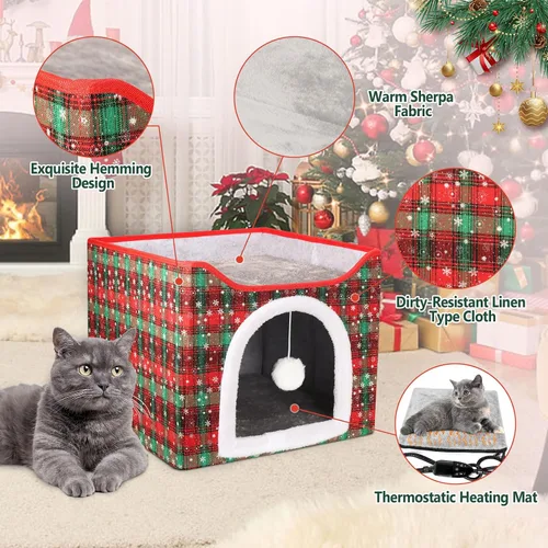 Miniatura 4 de Cama Térmica para Gatos de Interior, Casa Plegable para Gatos con Almohadilla Térmica Extraíble para Gatos y Perros Pequeños, Cama Cubierta