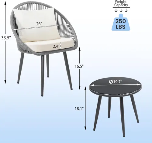 Miniatura 6 de wildformers - Juego de 3 piezas para bistró, silla de cuerda trenzada con cojines, juego de conversación para patio todo clima y mesa auxiliar, Gris