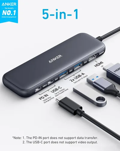 Miniatura 2 de Anker Hub USB C, divisor USBC a HDMI 5 en 1 con pantalla 4K, 1 puerto USB-C de 5 Gbps alimentado y 2 puertos de datos USB-A 3.0 de 5 Gbps