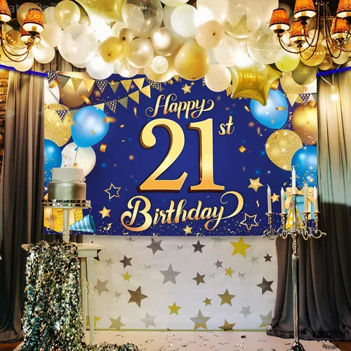 Miniatura 2 de KatchOn, Cartel de feliz cumpleaños número 21 azul y dorado – XL, 72 x 44 pulgadas Cartel azul y dorado para decoraciones de cumpleaños 21