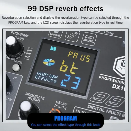 Miniatura 6 de W IN-MIX Mezclador de audio profesional DX16 DJ de 16 canales con 99 efectos DSP, ecualizador de 7 bandas, botón independiente de encendido