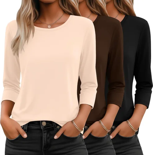 Miniatura 9 de Ficerd Paquete de 3 camisetas de manga 3/4 para mujer, cuello redondo, camisetas básicas elegantes, casuales, modernas, holgadas