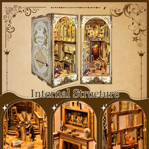 Miniatura 3 de Kit de rincón de libros de bricolaje, diorama de sujetalibros con LED, rompecabezas de madera 3D, kits de casa en miniatura para bricolaje