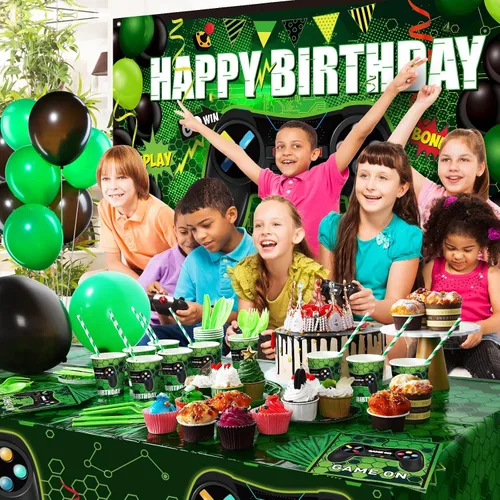 Miniatura 7 de Tatuo 152 piezas de suministros para fiesta de cumpleaños de videojuegos, cubierta de mesa para fiesta de jugadores, telón de fondo de feliz