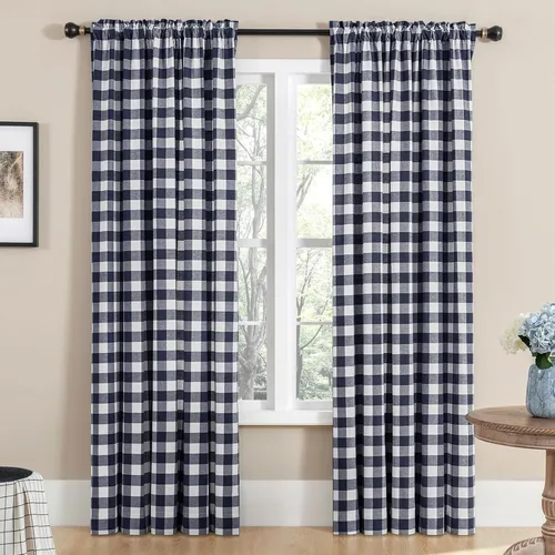 Miniatura 11 de Melodieux Buffalo - Cortinas a cuadros para sala de estar, dormitorio, estilo granja, estilo guingán, con textura de algodón, con bolsillo para Negro