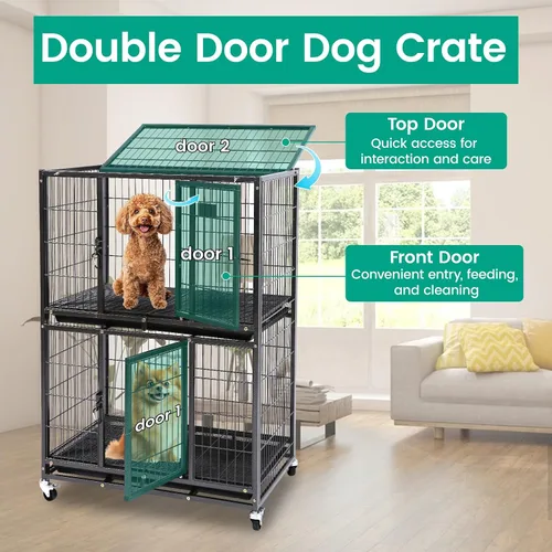 Miniatura 3 de Jaulas de dos niveles de 30 pulgadas para perros pequeños, jaula para perros de tamaño mediano para 2 perros, jaula resistente para perros, perreras