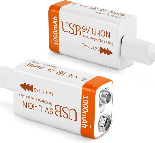 Baterías recargables de litio de 9 V de 1000 mAh con cable de carga USB 2 en 1, batería de iones de litio 6f22 de 9 voltios para detector de humo,