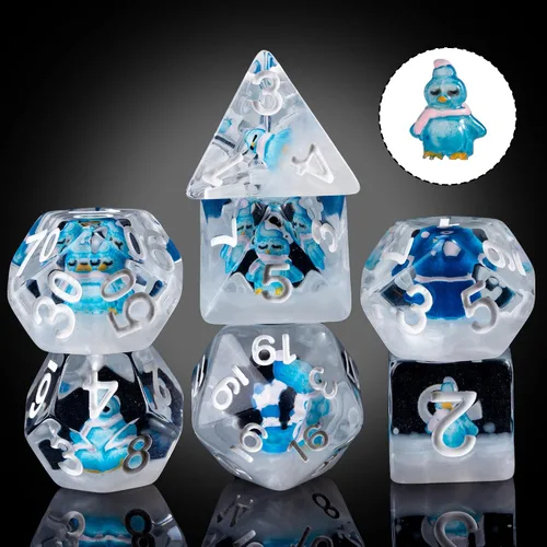 Miniatura 2 de Cusdie Dados DND de 7 troqueles, juego de dados poliédricos rellenos de animales, para juegos de rol, dados D&D (pingüino azul)