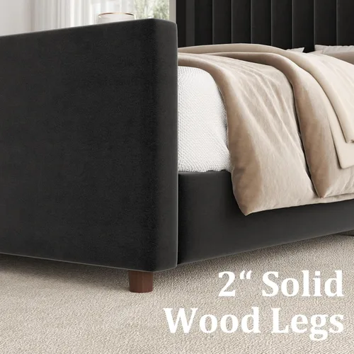 Miniatura 8 de Base de cama tamaño Queen, plataforma tapizada de terciopelo con cabecera y estribo de 62 pulgadas de alto, diseño de rayas verticales, somier Negro