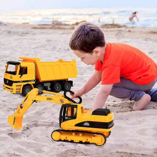 Miniatura 7 de Toy To Enjoy Juguetes de construcción – Excavadora y camión volquete de juguete para niños (juego de 2) – Garra movible y elevación trasera – Camión