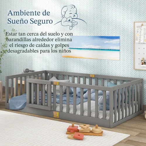 Miniatura 4 de Tatub Cama Montessori de suelo individual con rieles altos, marco de cama Montessori de madera maciza para niños, la puerta se puede instalar a Gris