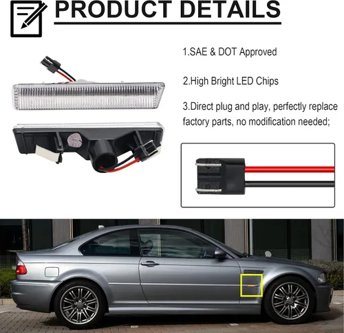 Miniatura 6 de Luces de Señal de Giro LED Secuenciales de Repuesto para 7 Series E38 1995-2001, 3 Series E46 M3 2001-2006, Lente Transparente Frontal Ámbar