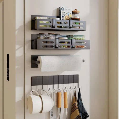 SETBAOO Paquete de 4 estantes magnéticos para especias para refrigerador con estante de 4 ganchos y soporte para toallas de papel, estante magnético