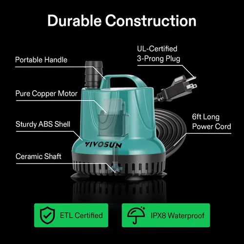 Miniatura 2 de VIVOSUN Bomba de agua sumergible de 260 GPH y 20 W para pecera, estanque, acuario, sistemas hidropónicos con cable de alimentación de 6 pies y 3