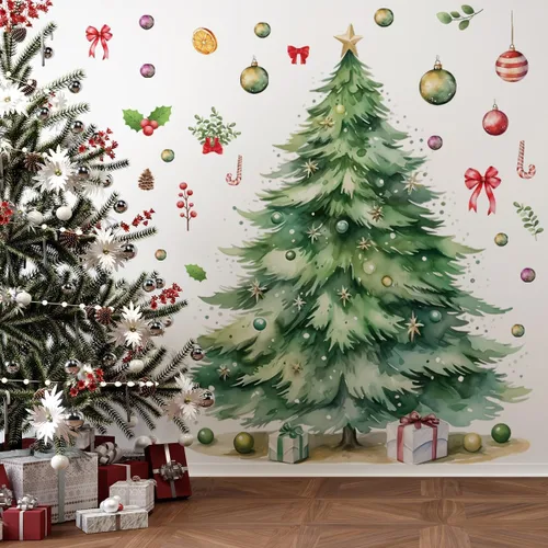 Miniatura 12 de 59x47 Pulgadas Adhesivos de Árbol de Navidad Azul Grande para Pared, Extraíbles DIY, Adhesivos de Árbol de Navidad Acuarela Gigantes para Baño