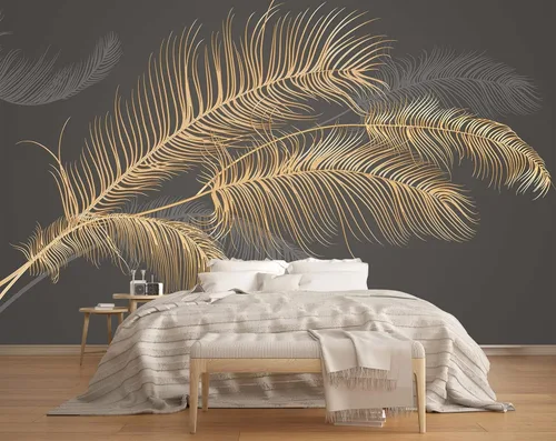 MFWFM - Papel tapiz de plumas negro y dorado, enorme mural de hoja de plátano para dormitorio, sala de estar, fondo de TV (no se pega ni se despega)