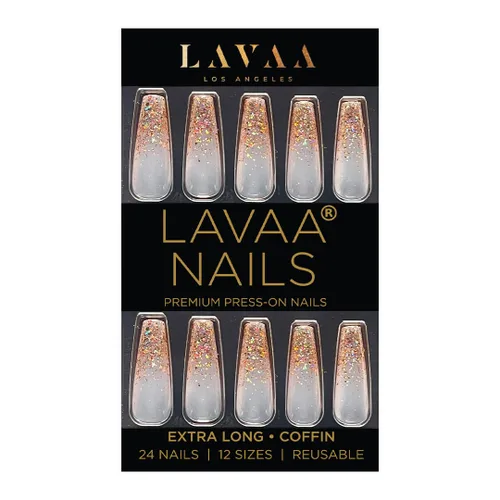 GOLD VIBES - Uñas a presión de Lavaa Beauty | Punta dorada con purpurina degradada | Ataúd extra largas Vibes de oro