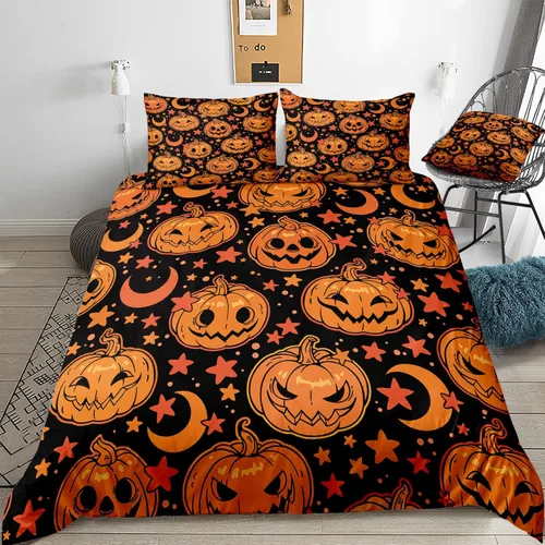 Miniatura 8 de Juego de funda de edredón de calabaza para Halloween, divertido diseño de calabaza malvada, color negro, juego de ropa de cama Tiwn 1 funda