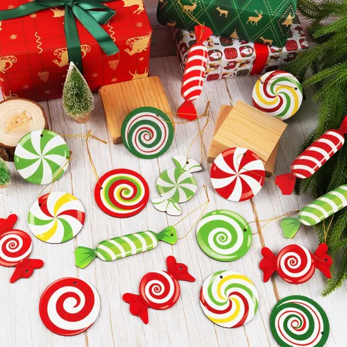 Miniatura 3 de 33 piezas de adornos de bastón de caramelo de menta para árbol de Navidad - Coloridos adornos colgantes de caramelo en palo de madera para árbol
