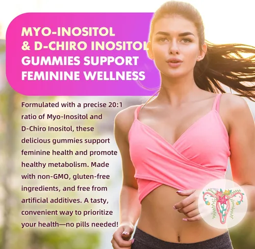 Miniatura 6 de softbear Suplemento de inositol para mujeres, gomitas de mio-inositol y D-Chiro inositol de 1000 mg con vitamina D3 para apoyo POCS y bienestar