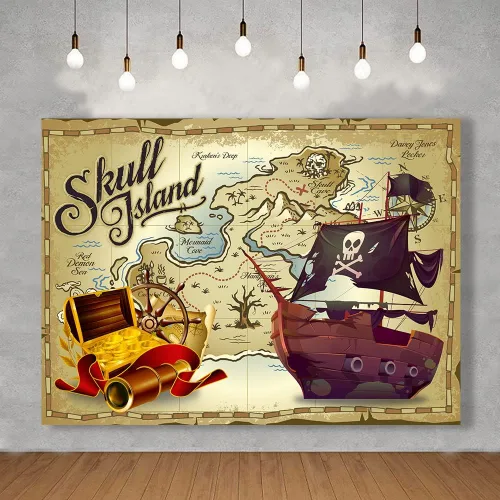 Miniatura 3 de KUBZT537 - Telón de fondo de fiesta pirata de 7 x 5 pies, fondo de mapa del tesoro pirata, suministros de cumpleaños para niños, decoración de baby