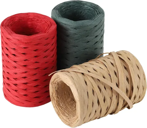 Miniatura 4 de Cinta de papel de rafia de 984 pies para envolver regalos, cintas de papel retorcidas, papel de embalaje para Navidad (balsa + rojo + verde oscuro)