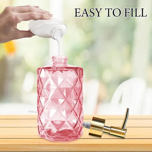 Miniatura 4 de Paquete de 2 dispensadores de jabón de vidrio rosa, 11.2 fl oz/11 oz, dispensador de acondicionador de ducha de baño con bomba dorada, botella
