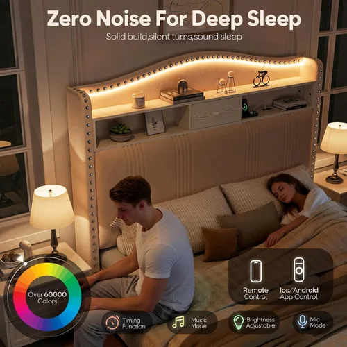 Miniatura 5 de CIKUNASI Marco de cama tamaño completo de 51.5" con cabecero y almacenamiento Marco de cama tapizado de terciopelo con luces LED y estación