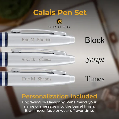 Miniatura 3 de Dayspring Pens Cross Calais - Juego de bolígrafos dobles personalizados, 1 bolígrafo cromado y 1 azul