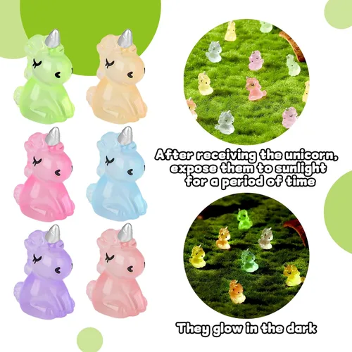 Miniatura 4 de Fuyamp 60 piezas de mini unicornio de resina luminoso miniatura que brilla en la oscuridad, adorno de unicornio pequeño para jardín, paisaje