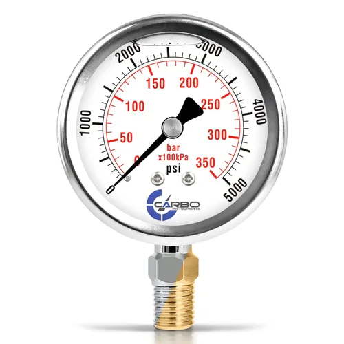Medidor de presión relleno de líquido de glicerina de 5000 PSI, dial de 2.5 pulgadas, montaje inferior 1/4 NPT, caja de acero inoxidable 304, piezas