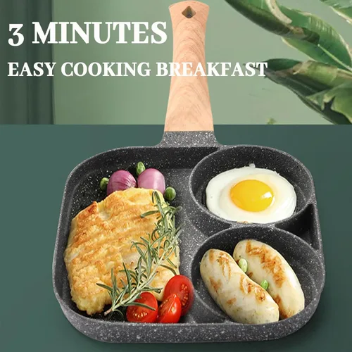 Miniatura 6 de JUSTUP Sartén antiadherente para huevos, mini sartén antiadherente 3 en 1, sartén dividida, mango resistente al calor, sartén de 3 secciones, mini