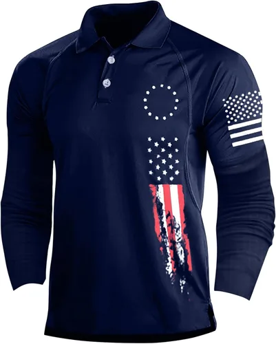 Miniatura 10 de Camisa polo de manga larga con bandera estadounidense para hombre, cuello gráfico patriótico, camiseta de golf, moderna, casual, cuello en V, tops