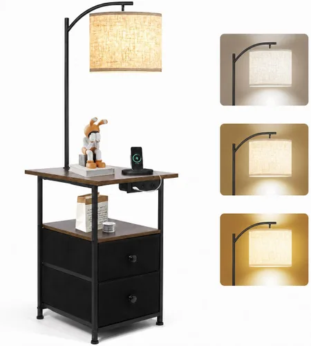 PESRAE Lámpara de pie con mesa y 2 cajones, mesa auxiliar con luz de lectura de 3 temperaturas de color, lámpara de mesa auxiliar con puerto de