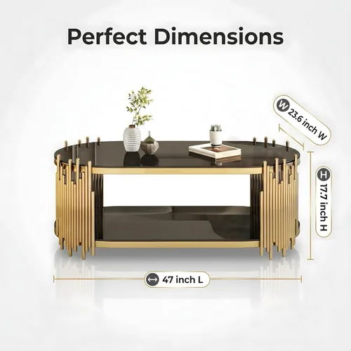 Miniatura 2 de 2-Tier Gold Glass Coffee Table, Modern Oval Coffee Table with Clear Tempered Black Shelves and Stainless Steel Frame, Luxury Center Tables for