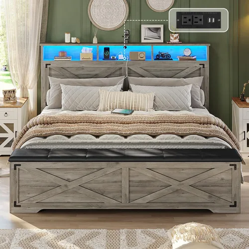 Hasuit - Marco de cama tamaño Queen con otomana de almacenamiento, marco de cama estilo granja con estación de carga y luz LED, cabecera con estante