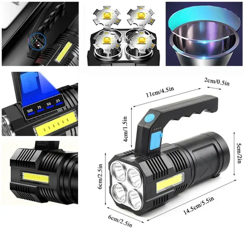 Miniatura 5 de Linterna recargable USB de alto lúmenes, linterna de camping con 4 potentes cuentas LED, linterna de mano para el hogar, 4 modos, impermeable