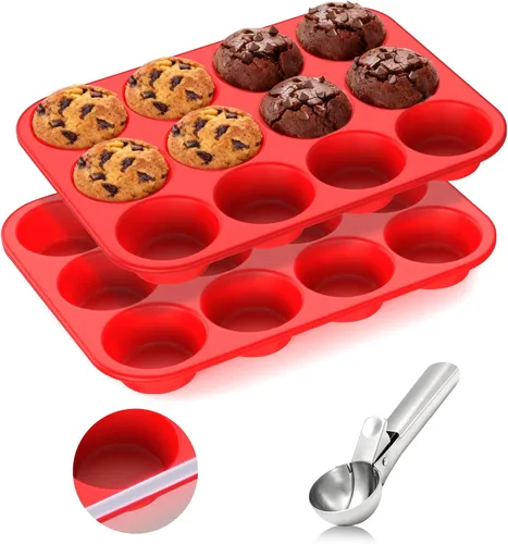 Miniatura 10 de Molde de silicona para muffins para hornear: Molde para muffins de 12 cavidades con marco reforzado de metal, moldes de tamaño regular para cupcakes