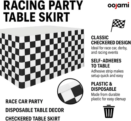 Miniatura 4 de Paquete de 4 faldas de mesa a cuadros en blanco y negro – 14 pies x 29 pulgadas, faldas de mesa de plástico a cuadros para decoración de fiesta