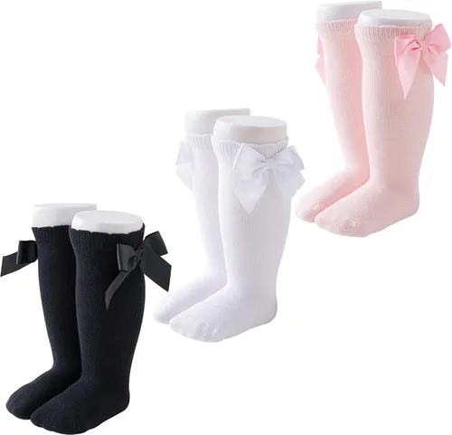 CozyWay Calcetines altos hasta la rodilla para bebés y niñas con lazo, medias largas con volantes, calcetines con volantes, leggings para uniforme