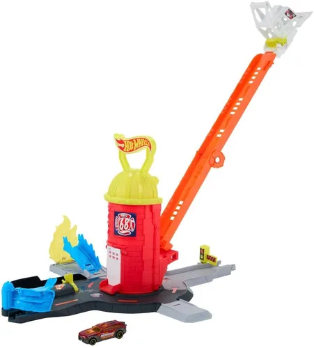 Hot Wheels Juego de pistas de juguete para auto, estación de bomberos City Super Fire Station Rescue Playset y camión de bomberos a escala 1:64,